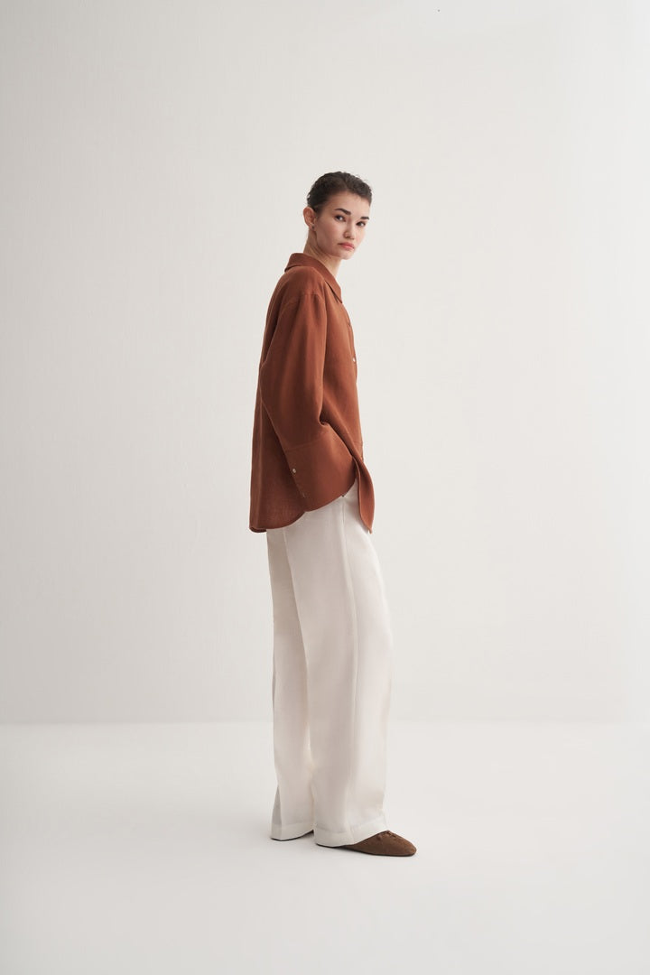 Kk Design 100% Linen Shirt With Cutout Detail Brown