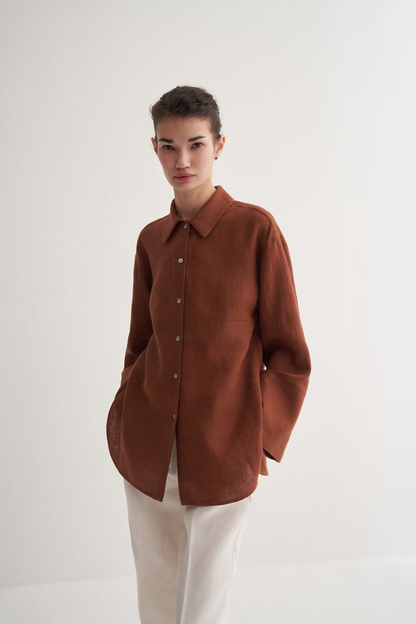 Kk Design 100% Linen Shirt With Cutout Detail Brown