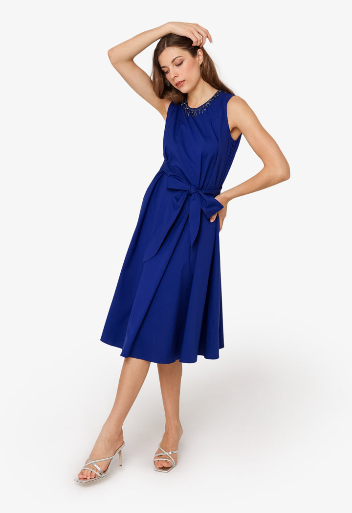 Machka Jewel Neck Belted Dress Navy Blue