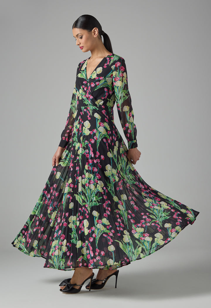 Choice Floral Print Pleated Maxi Dress Multi Color