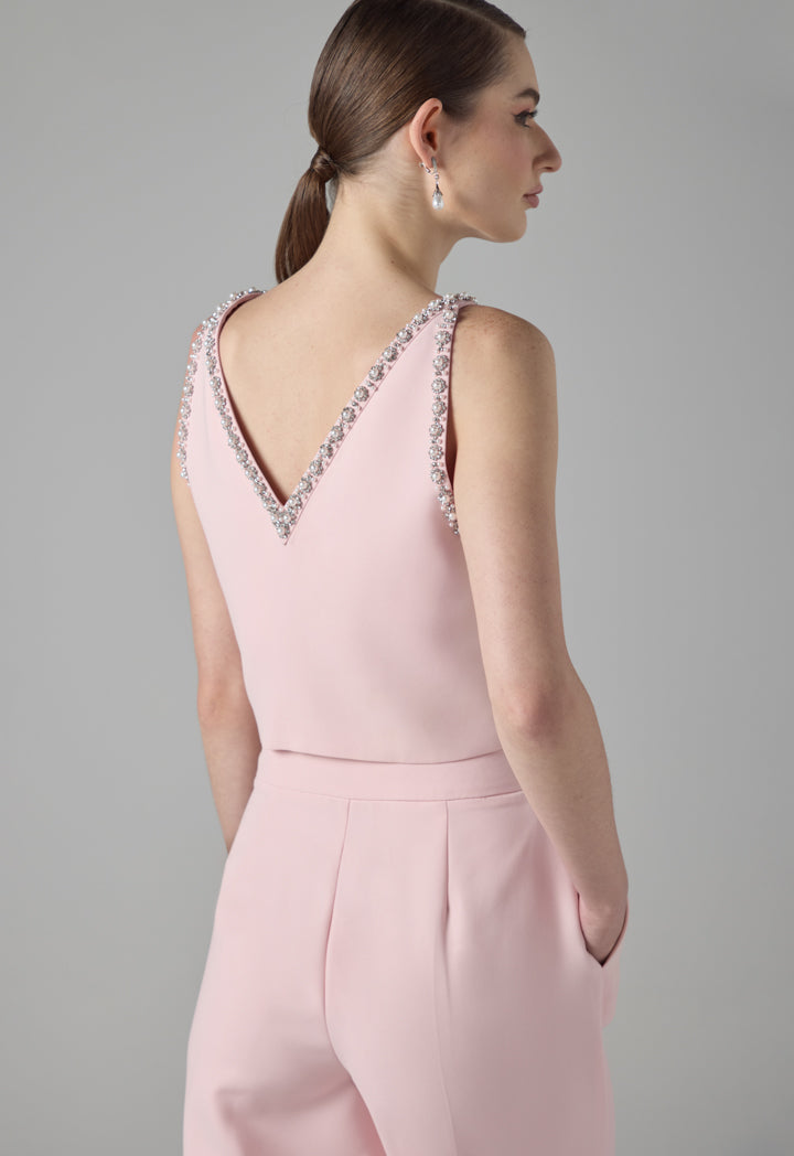 Choice Crystal Faux Pearl Embellished Sleeveless Cropped Top Pink