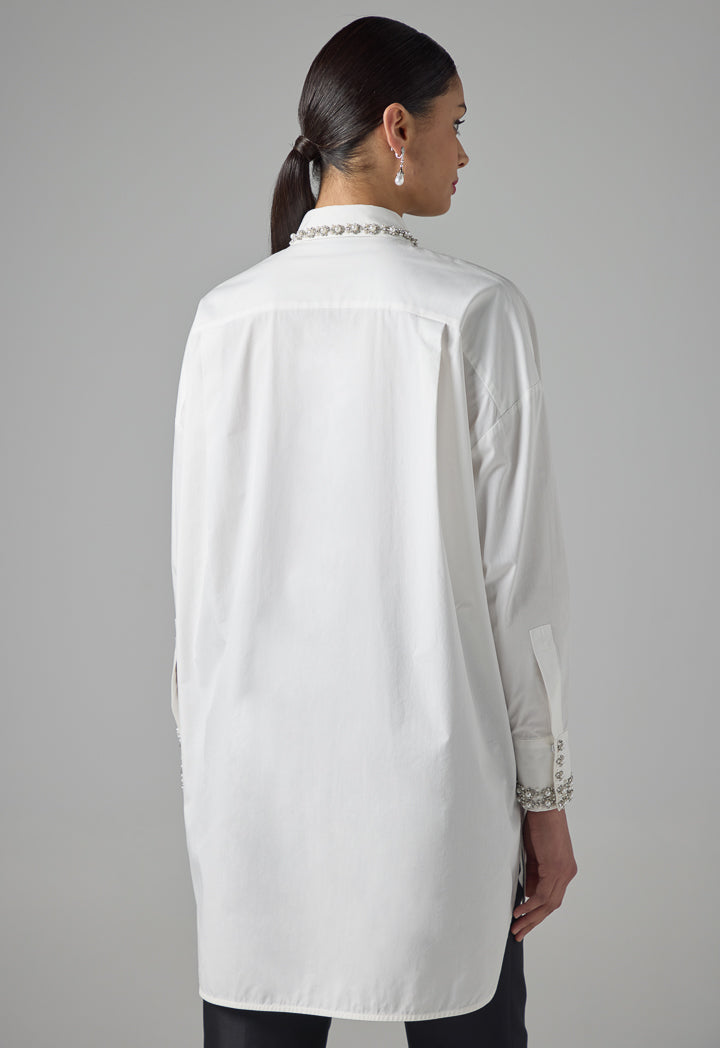 Choice Solid Long Sleeve Crystal Embellished Shirt Off White