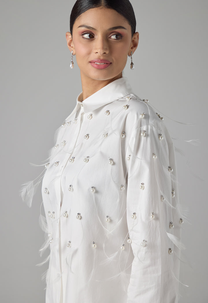Choice Long Sleeve Crystal Embellished Feather Shirt  Off White