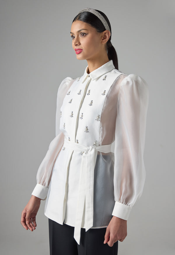 Choice Organza Details Crystal Embellished Shirt  Off White