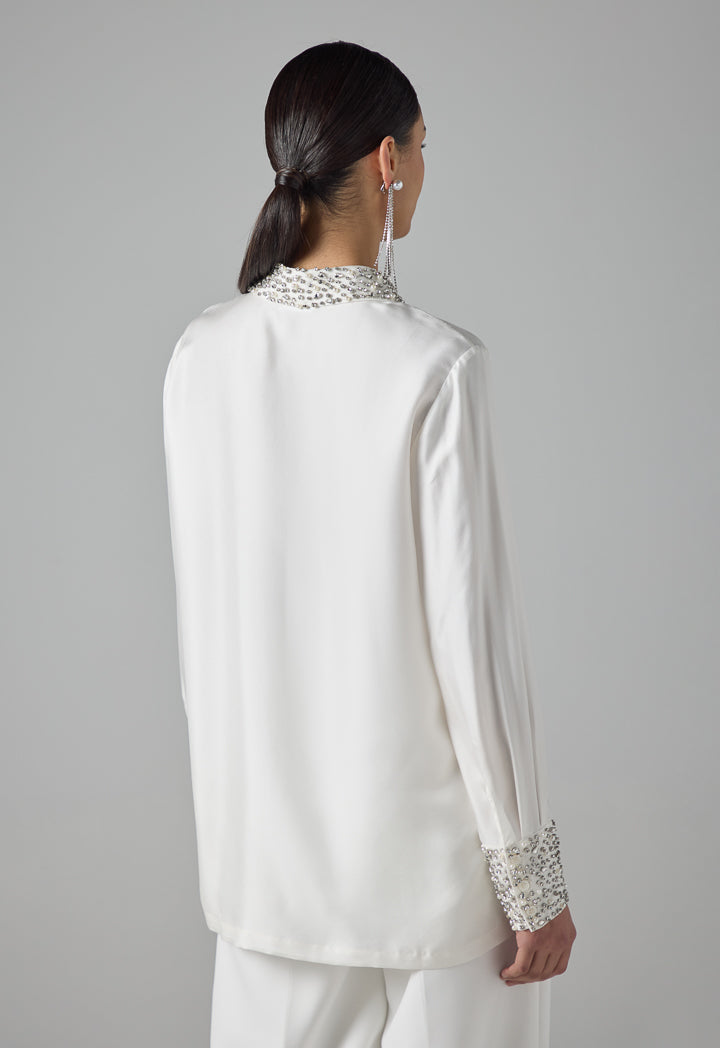 Choice Solid Long Sleeve Crystal Embellished Shirt Off White