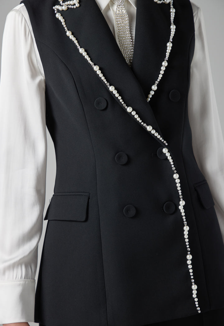 Choice Faux Pearl Crystal Embellished Sleeveless Gilet Black