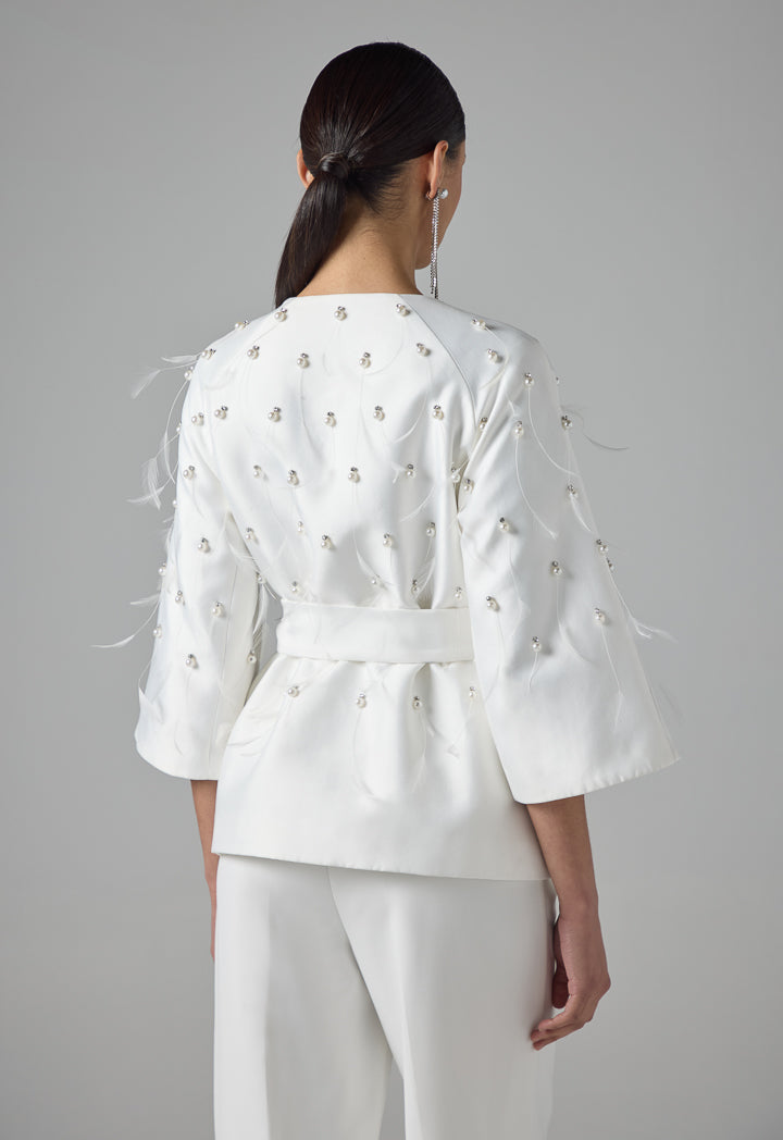 Choice Embellished Faux Pearl Feather Jacket Off White