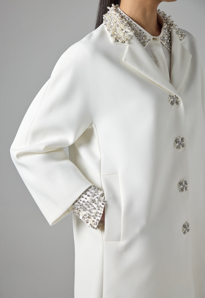 Choice Solid Embellished Faux Pearl Jacket Off White