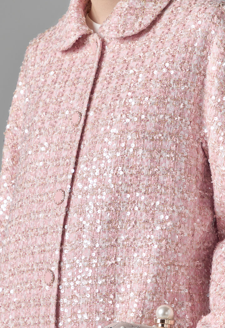Choice Long Sleeve Sequin Tweed Coat Pink