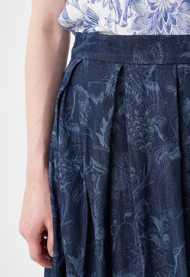 Choice Printed Pleated Midi Skirt Dark Blue