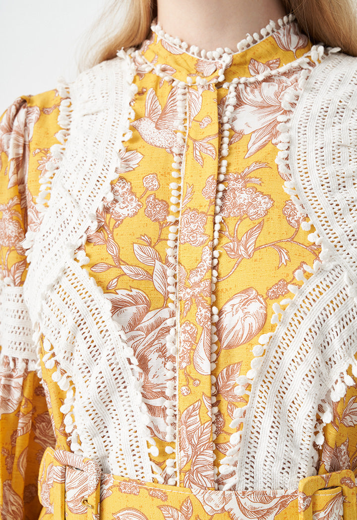 Choice Printed With Embroidered Detail Dress Yellow Print