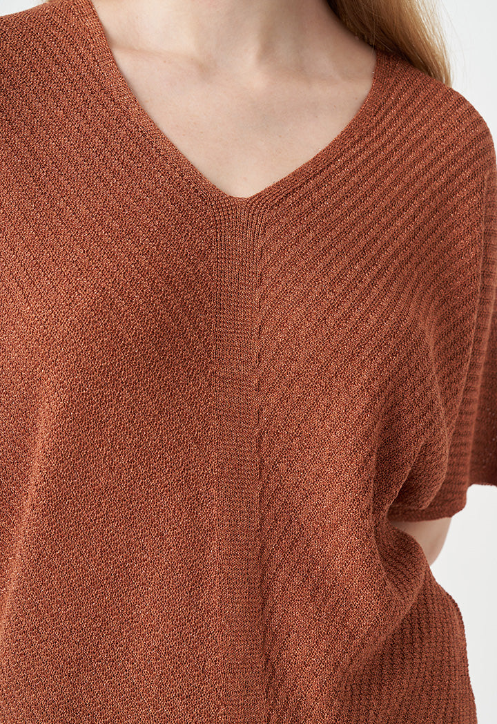Choice Solid V-Neck Textured Blouse Brick