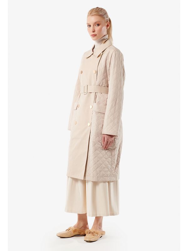Choice Double Breasted Quilted Midi Coat Beige