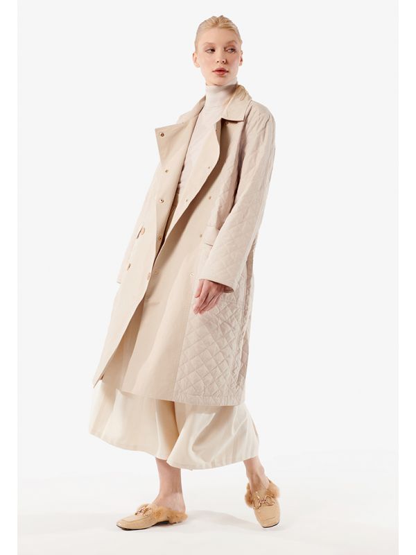 Choice Double Breasted Quilted Midi Coat Beige