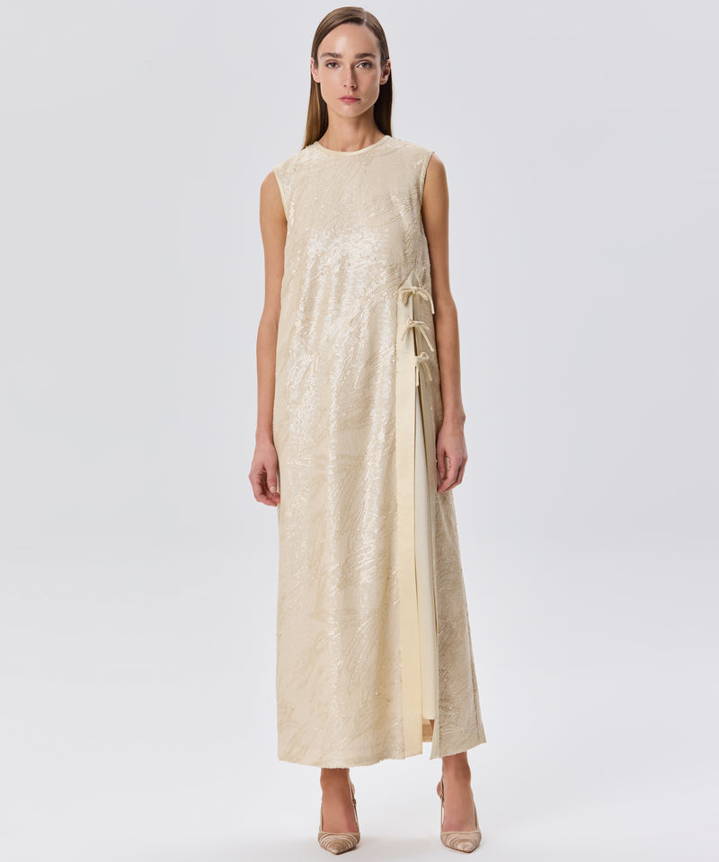 Machka Sequin Dress With Bow And Slit Details Beige