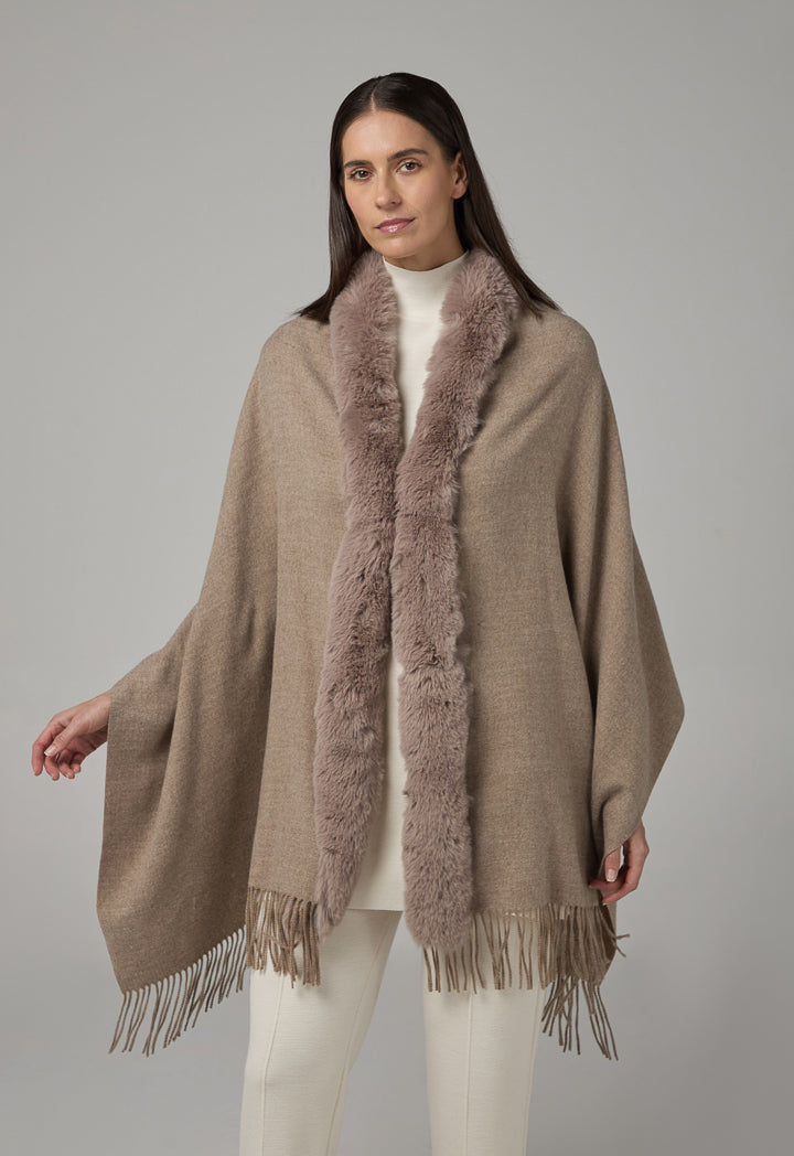 Choice Faux Fur Embellished Poncho Beige