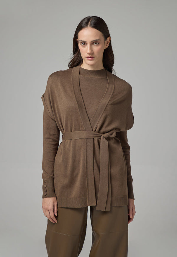 Choice Solid Cap Sleeve Knitted Belted Cardigan Khaki