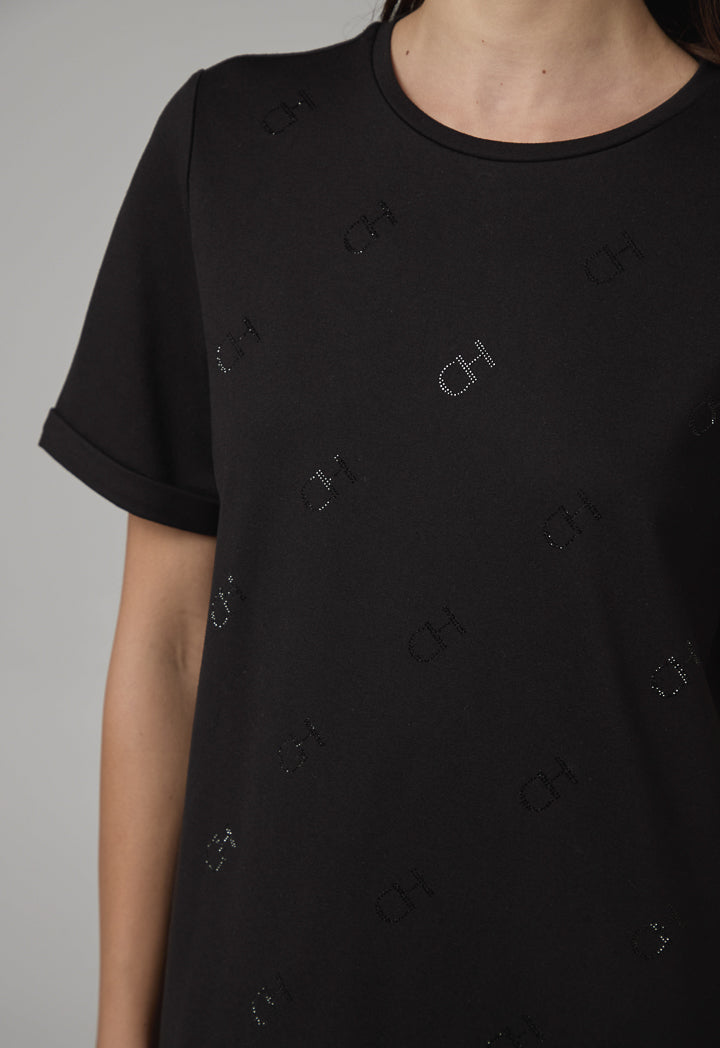 Choice Monogram Crystal Embellished Solid T-Shirt Black