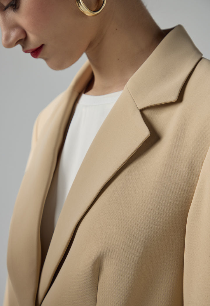 Choice Solid Notched Collar Belted Blazer Beige