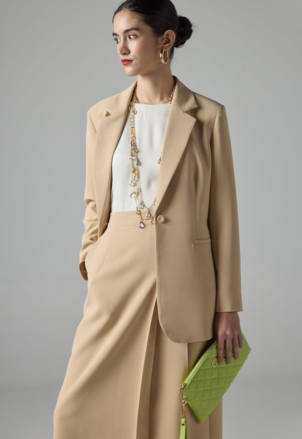 Choice Solid Notched Collar Belted Blazer Beige