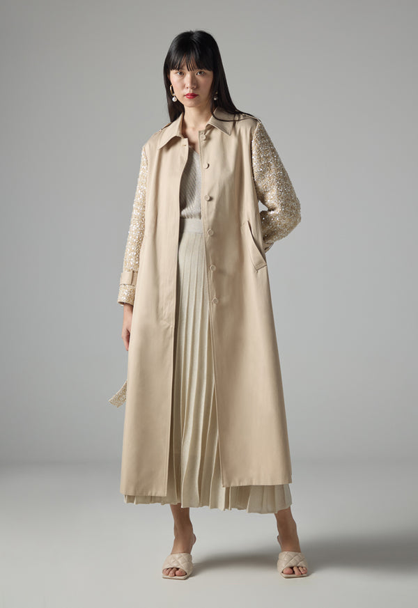 Choice Long Sleeve Sequin Belted Trench Coat Beige