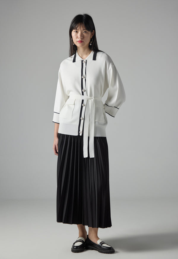 Choice Contrast Knitted Belted Cardigan Off White