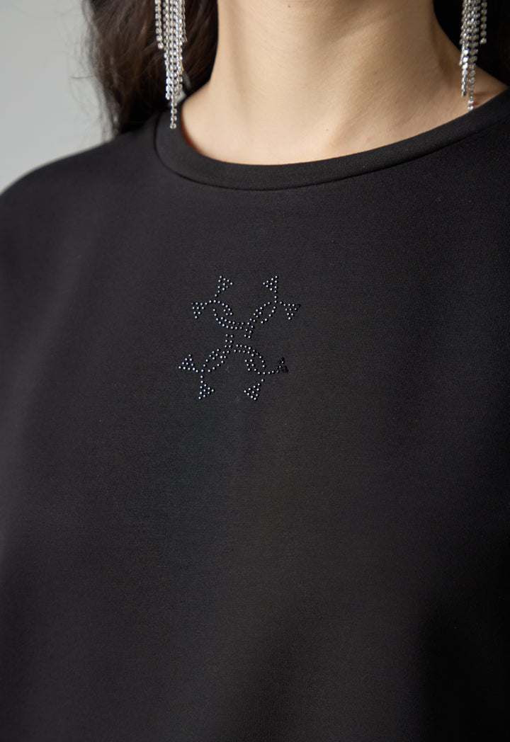 Choice Solid Crystal Embellished Monogram T-Shirt Black