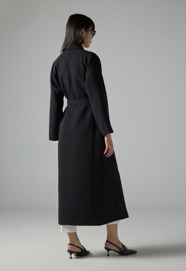 Choice Solid Pleated Belted Trench Coat Black