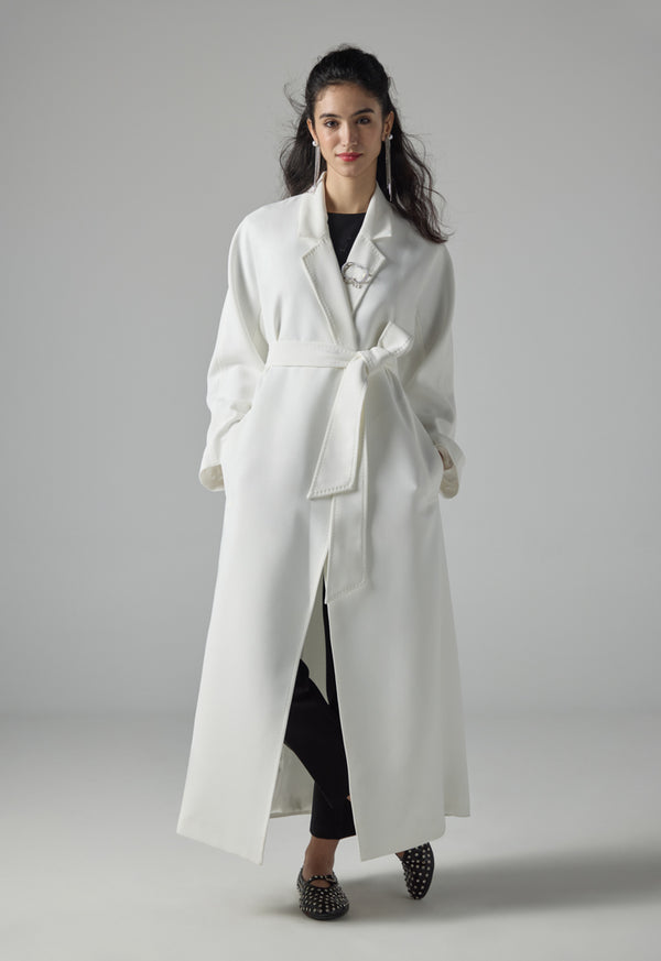 Choice Solid Pleated Belted Trench Coat Off White