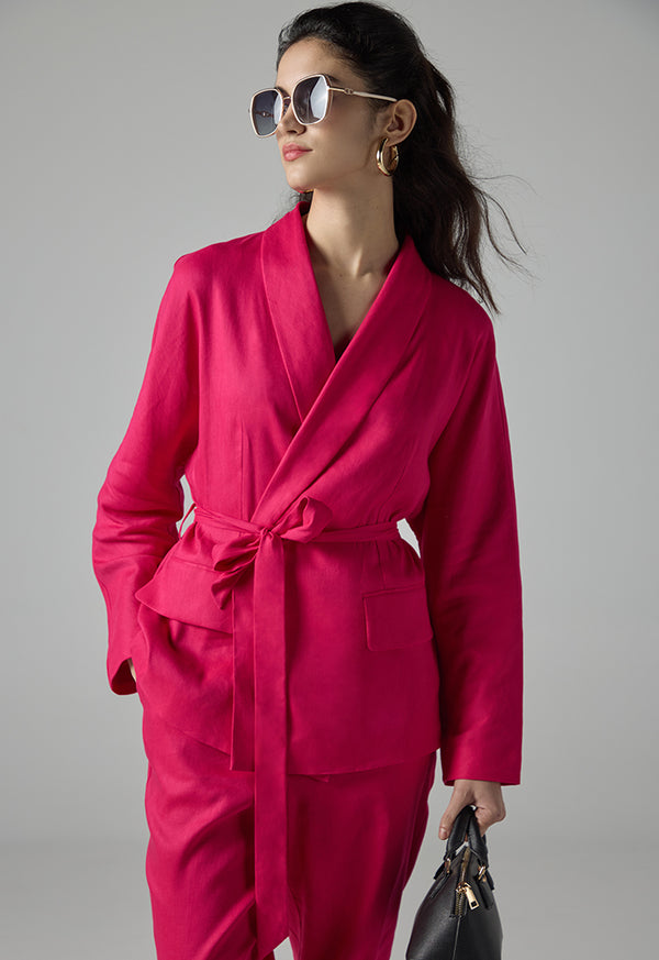 Choice Long Sleeve Belted Solid Jacket Fuchsia