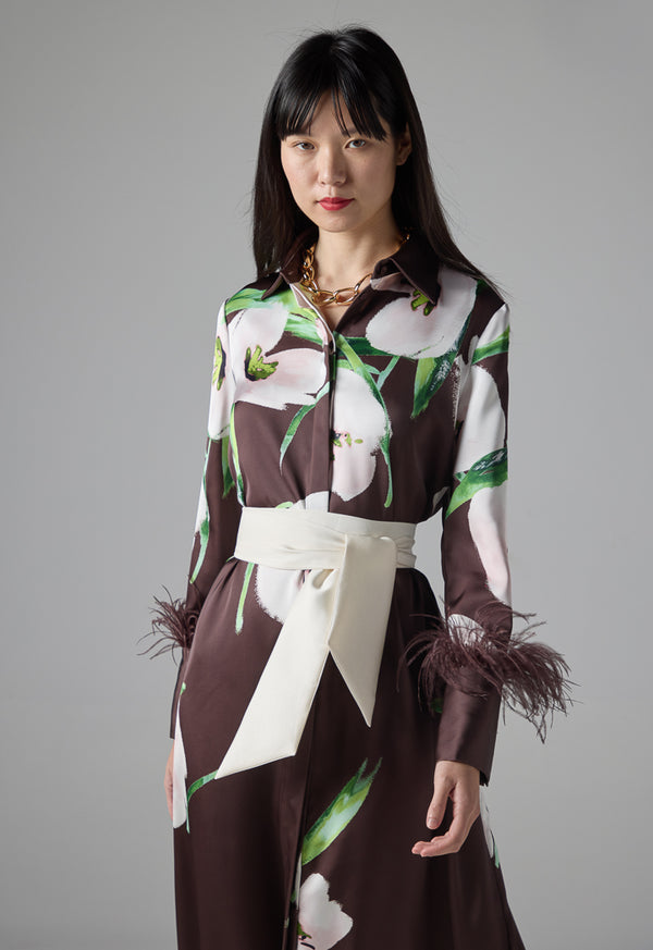 Choice Floral Print Belted Shirt Dress Brown