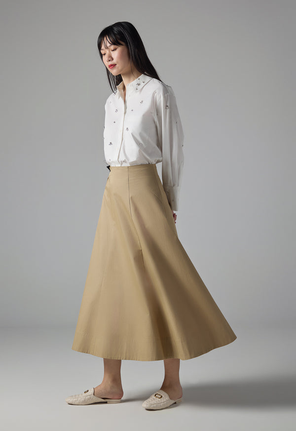 Choice Flared Maxi Solid Skirt Beige