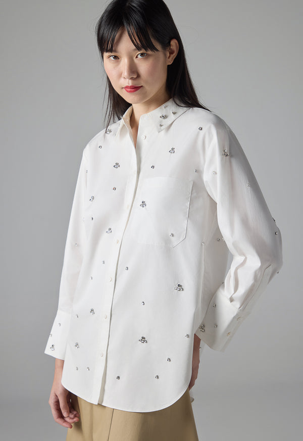 Choice Solid Embellished Rhinestones Shirt Off White