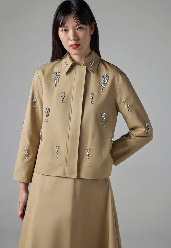 Choice Solid Embellished Rhinestones Jacket Beige