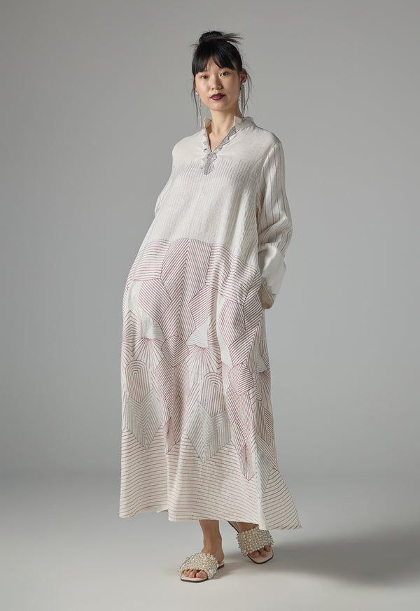 Choice Geometric Stitch Striped Flared Dress - Ramadan Style Off White