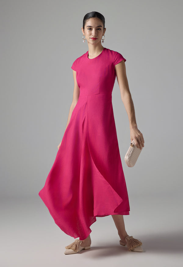 Choice Solid Continuous Short Sleeves Maxi Dress Fuchsia