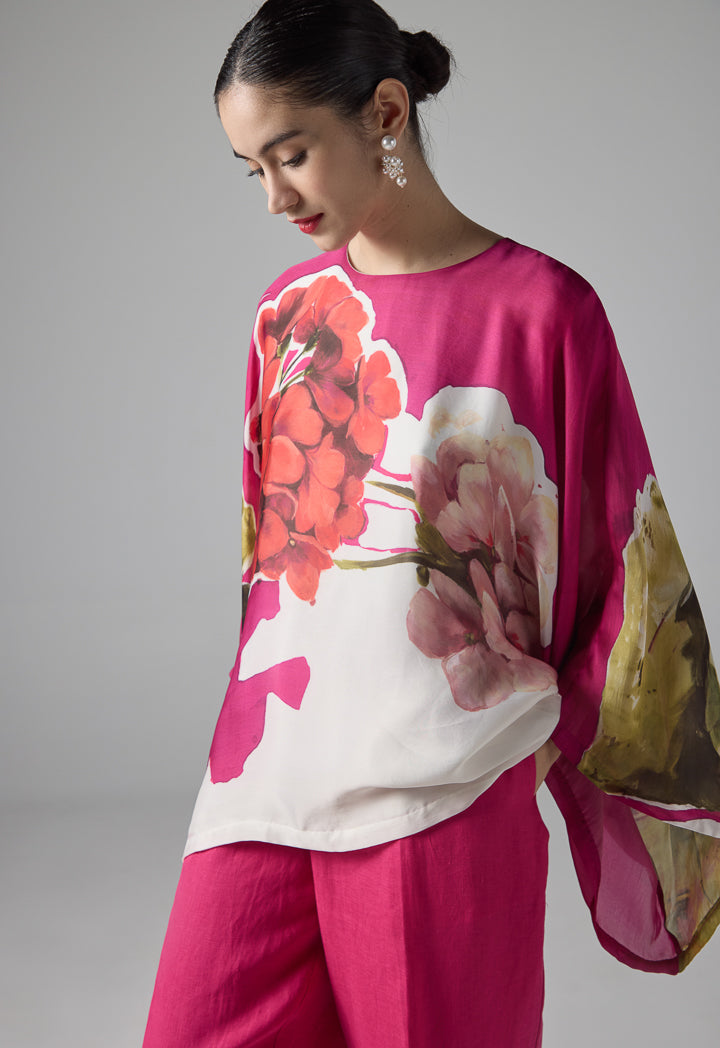 Choice Floral Print Belted Blouse - Ramadan Style Fuchsia
