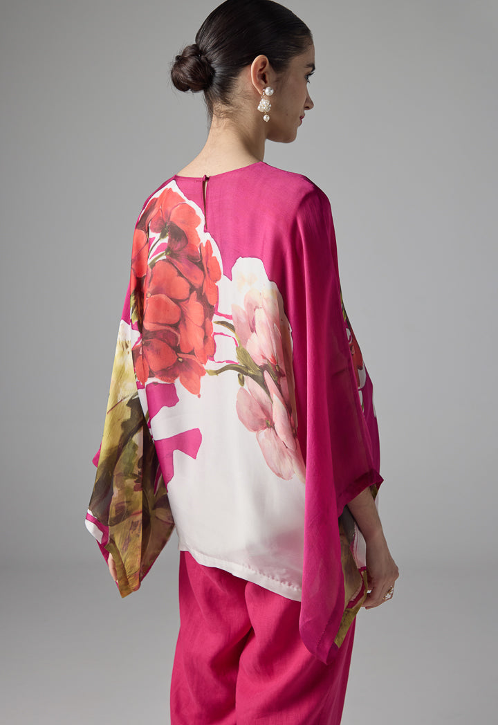 Choice Floral Print Belted Blouse - Ramadan Style Fuchsia