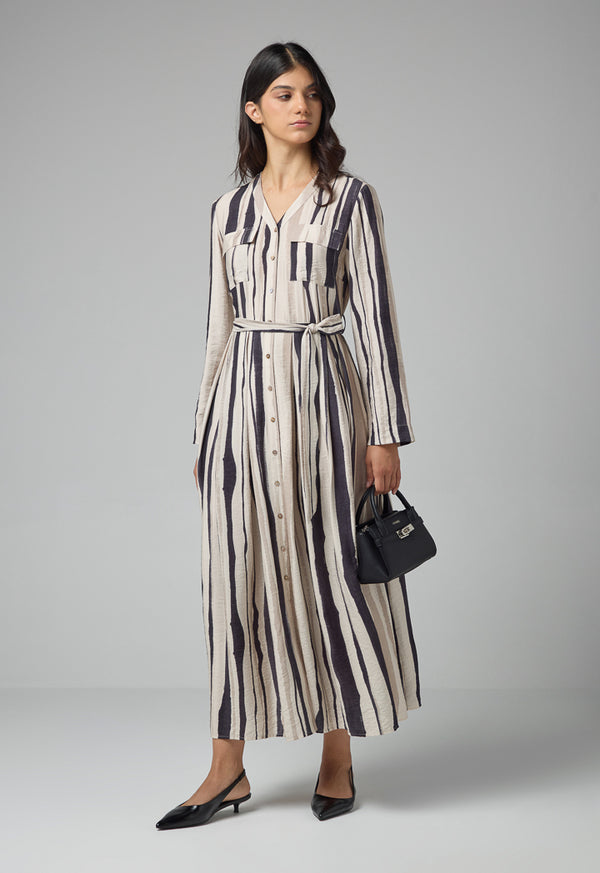 Choice Pleated Striped Belted Dress Multi Color