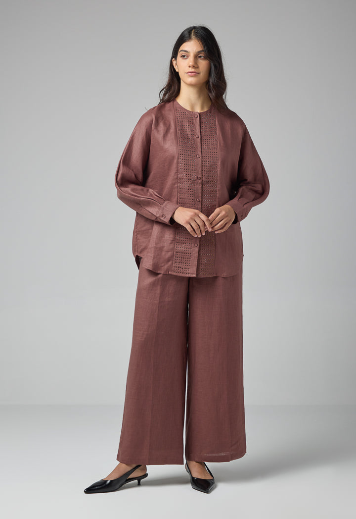 Choice Long Kimono Sleeves Linen Shirt Brown