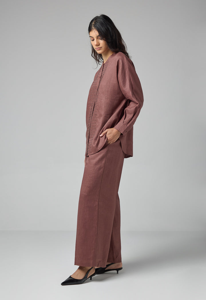 Choice Long Kimono Sleeves Linen Shirt Brown