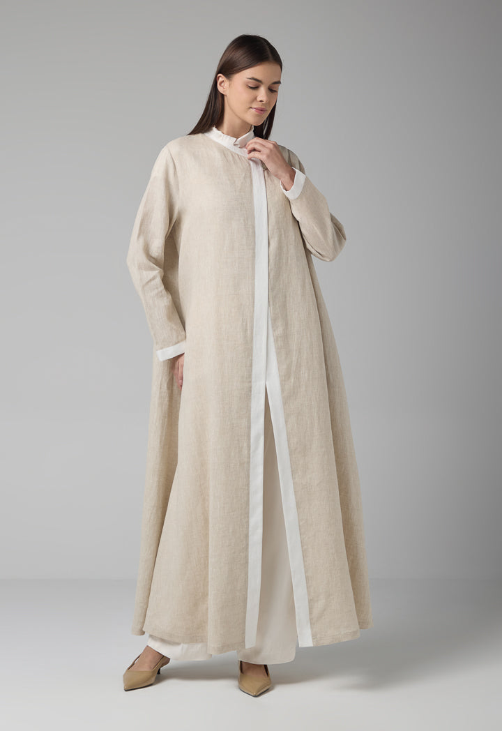 Choice Contrast Linen Maxi Abaya With Hijab Beige Melange