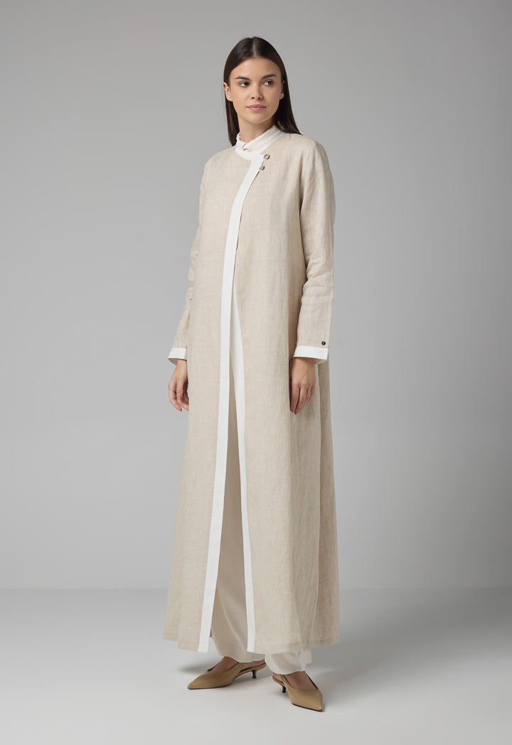 Choice Contrast Linen Maxi Abaya With Hijab Beige Melange