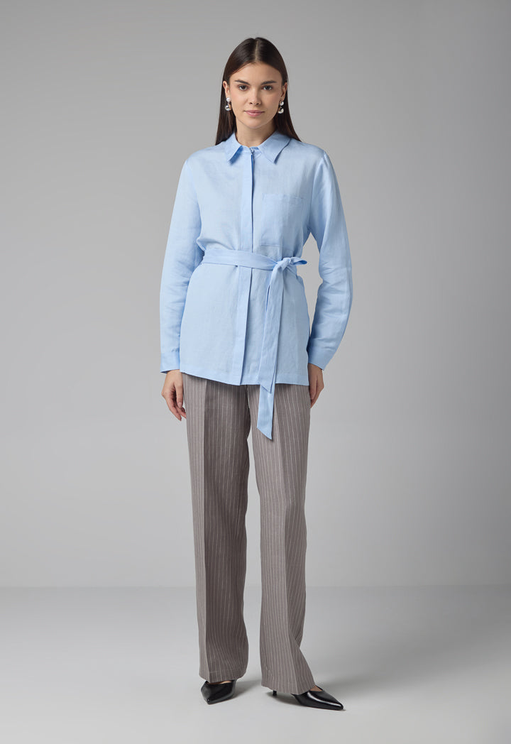 Choice Solid Long Sleeve Belted Shirt Blue