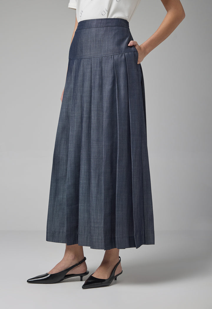 Choice Single Tone Pleated Flared Maxi Skirt Indigo