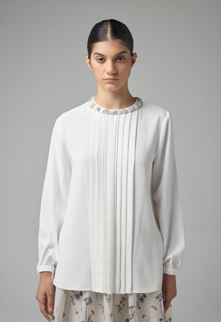 Choice Round Neck Embellished Crystal Blouse Off White