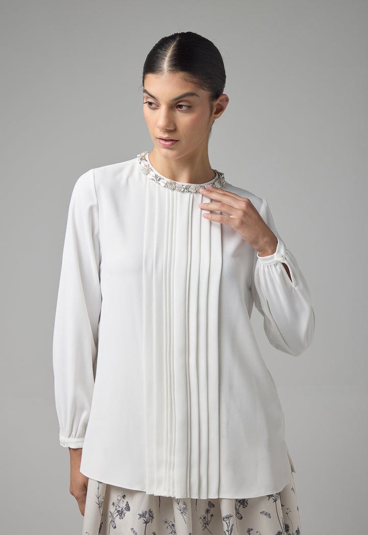 Choice Round Neck Embellished Crystal Blouse Off White