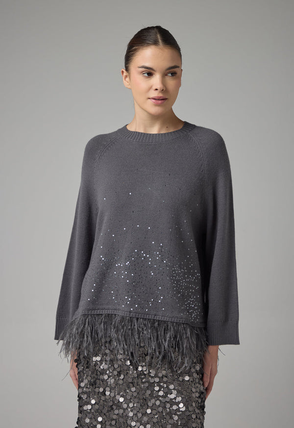 Choice Knitted Tweed Feather Details Sweater  Grey