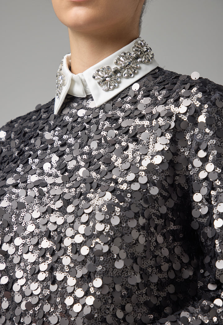 Choice Long Sleeve Sequin Blouse  Grey