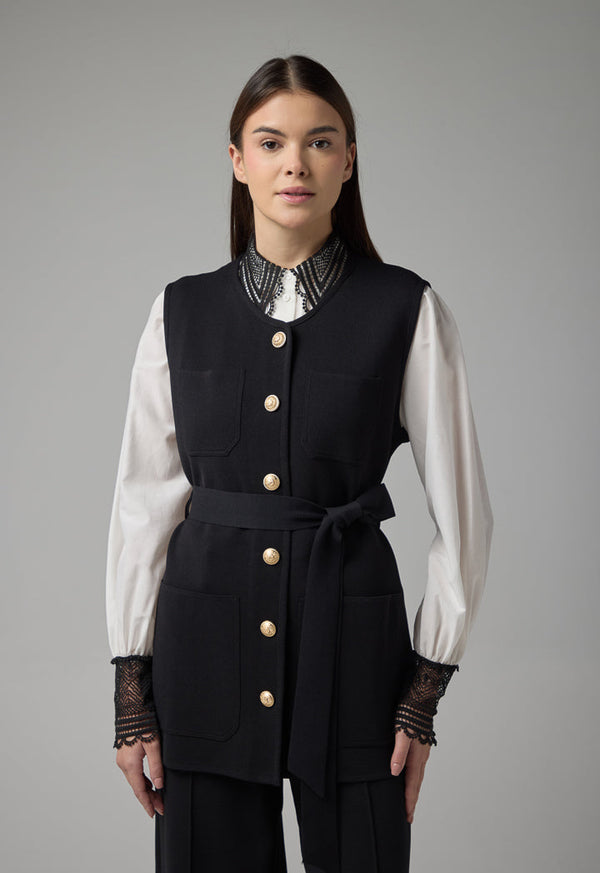 Choice Knitted Multi Pocket Belted Gilet Black